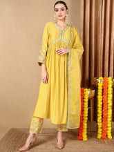 Women Yellow Silk Blend Solid Embroidered Kurta Trouser With Dupatta-PKSKD2046